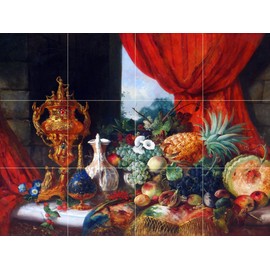 Still Life Fruit Pineapple Flowers jug by W. E. D. Stuart Tile Mural Kitchen Bathroom Wall Backsplash Behind Stove Range Sink Splashback 4x3 4.25" Ceramic, Matte