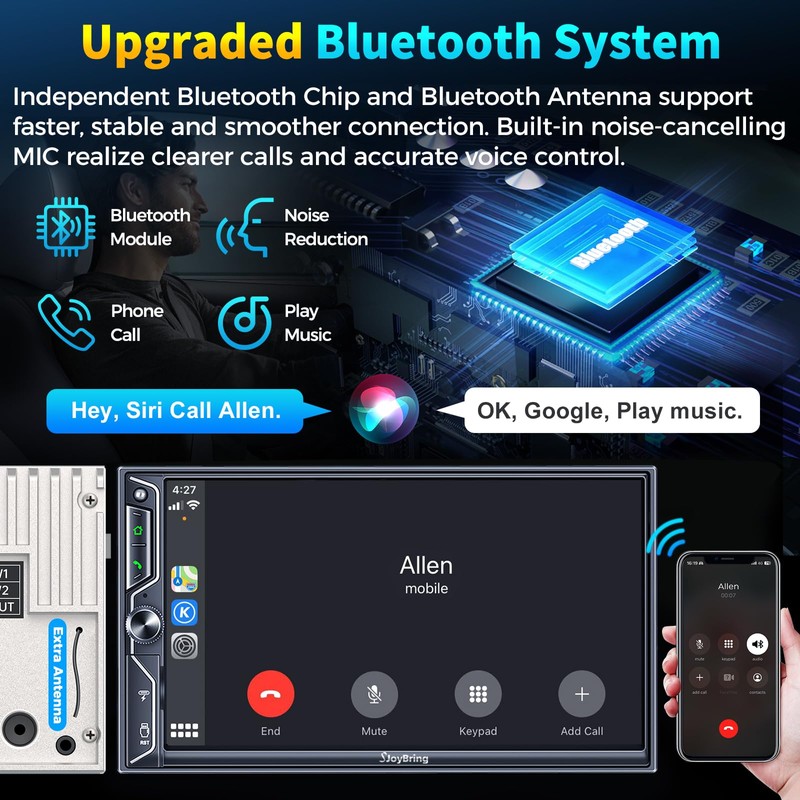 SJoyBring 7-Inch Double Din Car Stereo with Wireless CarPlay and