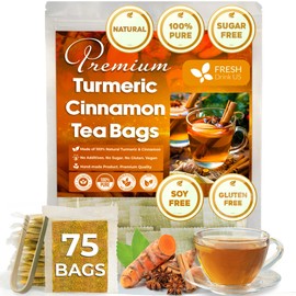 FreshDrinkUS, Premium 75 Turmeric Cinnamon Tea Bags, 100% Natural, Blend of Turmeric, and Cinnamon. Made with Natural Material Tea Bags. No Sugar. No Caffeine. Vegan.