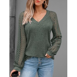 AUTOMET Women Long Sleeve Shirts Fall Lace Tops 2025 Fashion V Neck Sweaters Dressy Casual Winter Tunic Blouse Trendy Outfit Green XL