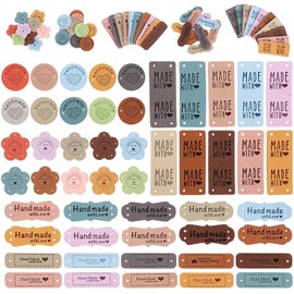 Handmade Leather Labels 56 Pcs – Artificial Colorful Leather Labels with Love Hearts Durable Crochet Tags for Handmade Items,Sew On Patch for DIY Crafts, Bags, Hats, Shoes (7 Colors)