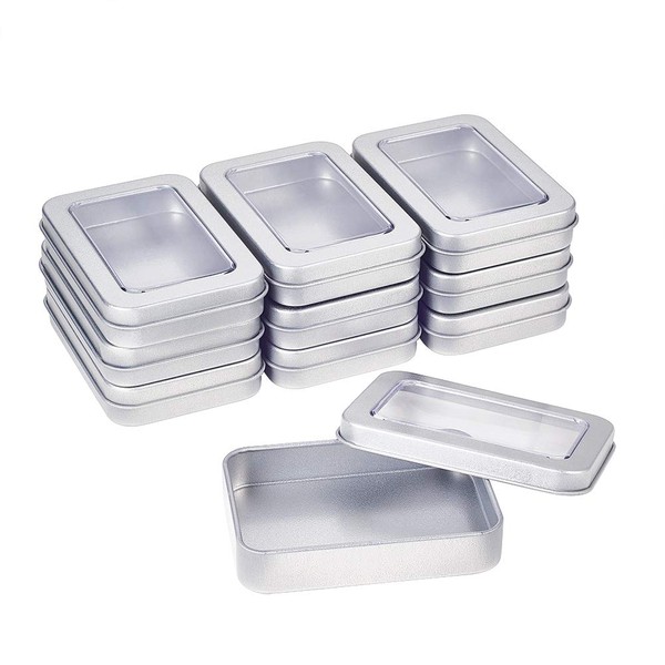 BENECREAT 10 Pack Rectangle Metal Tin Storage Containers Empty Metal Tin Box with Large Clear Window Lid for Jewelry, Candy, Bead, Coin, Sewing