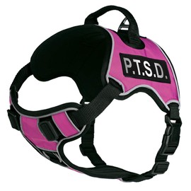 Dogline Quest No-Pull Dog Harness with PTSD Reflective Removable Patches Reflective Soft Comfortable Dog Vest with Quick Release Dual Buckles Black Hardware and Handle 15 to 18 inches Pink