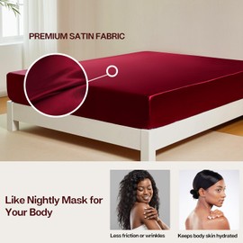 MR&HM Satin Fitted Sheet Queen Size, Silky Bottom Sheet with Elastic Corner Straps, Deep Pocket up to 15 Inch, No More Slipping Off for Mattress - 1 Fitted Sheet Only (Burgundy)