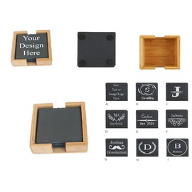 Customized Slate Coasters Set of 4, Laser Engraved Drink Coasters with Wooden Case