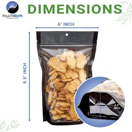 PouchWorth 50 pcs 6" x 9.5" Clear/Black Resealable Stand Up Pouch Bags Mylar Food Packaging with Clear Window and Tear Notches
