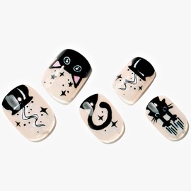 GLAMERMAID Press on Nails Extra Short Squoval, Nude Glue on Gel Nails with Balck Cats, 24Pcs Nude Round Reusable UV Finish Fake Nails Acrylic False Nails Manicure Kits for Women Gift