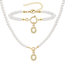 ZENGSING Initial Pearl Necklace Bracelets Set Women's Pearl Jewellery Set for Women Adjustable A-Z Capital Initial Pendant Pearl Necklaces Bead Bracelet with Initial Gifts for Women, Bronze, No