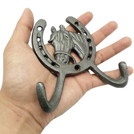 TIHOOD 2PCS 4.5" Horse Head Horseshoe Western Double Cast Iron Wall Hooks, Horse Shoe with Horse