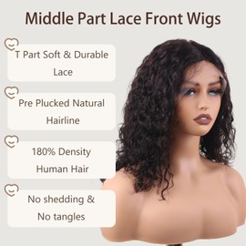 ManeMajesty Deep Curly Human Hair Wig Glueless Middle Part Lace Front Wigs Human Hair HD Lace Pre Plucked Hairline 180% Density 16 Inch Curly Wave Wig for Black Women Natural Color