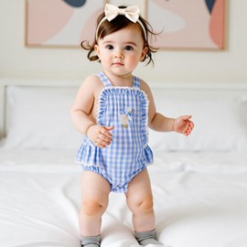 Dewadbow Newborn Baby Girl Clothes Gingham Goose Lace Bow Ruffle Romper Sleeveless Backless Bodysuit Infant Farm Outfit (Blue, 3-6 Months)
