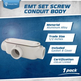 OHLECTRIC Heavy Duty Aluminum EMT Set Screw Conduit Body (T-Type - ½”) Service Entrance Elbow Conduit Bodies, Durable Conduit Fitting, Rustproof, Cover & Gasket Included Conduit Body Fitting