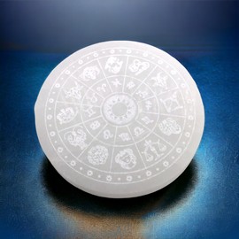Selenite Charging Plate with Zodiac Sign "Astrology" Engraving Diameter 10.5 cm – Approx. 220 g with Small Acrylic Stand