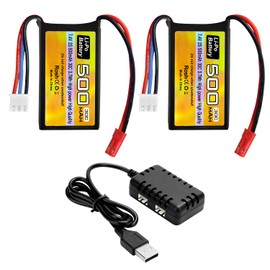 sea jump 2PCS 7.4V 500mAh 30C Lipo Battery with JST-2P Plug and 2in1 Chager Suitable for RC Helicopters, Quadcopters, Small Sircraft, Micro FPV Racing Drones, RC Cars, Trucks, and High-Speed Vehicles
