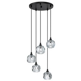 CJY CHENJINYAN 5 Light Modern 4.3in Crystal Black Ceiling Light Fixture,Crystal Hanging Pendant Chandelier Lighting for Dining Room Over Table Kitchen Island Bathroom Bar