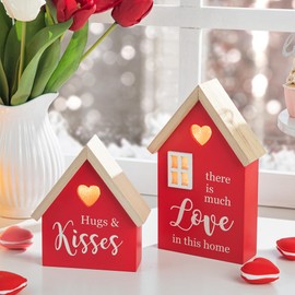 Glitzhome Valentines Day Decor Set of 2 Lighted Valentines Wooden Blocks House-Shaped Table Decor Happy Valentine's Day Wood Tabletop Centerpiece Signs Valentines Wedding Engagement Party Gifts