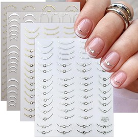French Tip Nail Stickers for Nail Art Self-Adhesive Pegatinas Uñas 3D Metallic Nail Design French Tip Stickers Gold Silver Line Nail Art Stickers with Diamond Nail Decals for Manicure DIY Accessories