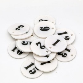 HAKITAROOM 1.4inch Ultraviolet Plastic Laser Round Number Tags ID Keychains for Dormitory Keys Markers for Lockers Pub Supermarket Hotel House Luggage Identification with Holes (1-16, White)