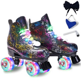 Roller Skates Women Men - Microfiber Leather Roller Skate Classic High Top Double Row Roller Skates for Indoor Outdoor with Light up Shoe Laces (Flash Wheel, 45-US Men 11= Women 12)