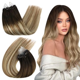 Ugeat Micro Bead Hair Extensions Real Human Hair Dark Brown Mix Medium Brown with Light Blonde Balayage Micro Loop Hair Extensions Micro Bead Tip Hair Extensions for Woman 22 inch 50G 50S