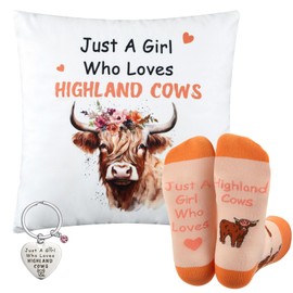Namalu 3 Pcs Highland Cow Gift Set for Women Cattle Pillowcase Cotton Socks Cow Lover Highland Keychains Just a Girl Who Loves Gifts for Animal Birthday Party Supplies