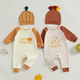 Baby Thanksgiving Outfit Newborn Long Sleeve Romper Turkey Jumpsuit First Thanksgiving Infant Boy Girl Clothes with Hat