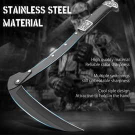 VALHALLA Folding Sickle, Black Sharp Folding Scythe with 2 Sections, Hand Sickle Knife Wooden Handle, Portable Safety Sickle Knife with Sheath