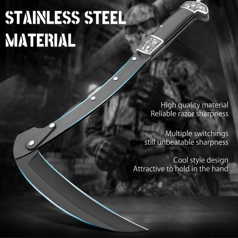 VALHALLA Folding Sickle, Black Sharp Folding Scythe with 2 Sections,