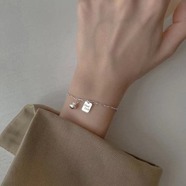 Wendalern Punk Paper Clip Link Bracelets Silver Square Beads Charm Bracelet Good Luck Thin Bracelet Paper Clip Chain Bracelet Jewellery for Women Girls, Metal