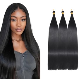 Locescsoc 28 Inch Bone Straight Braiding Hair 150g 3 Packs Straight Hair Extensions, Ariel Straight Ponytail Hair Bundles, Ombre Soft Synthetic Hair for Women (1B, 28 Inch 3 Packs)