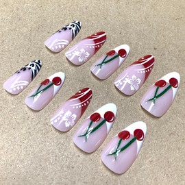 BABALAL Press on Nails Almond Fake Nails Medium Glue on Cheetah Print Y2k 3d Texture Cherry Handmade French Tip Acrylic False Nails 24Pcs Stiletto Full Cover Handmade Nails for Women Girls