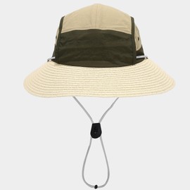 Senro Vientian Sun Straw Hat for Women & Men - Wide Brim Safari Floppy Style, UPF 50+, Color Blocking Design, Dark Green & Khaki