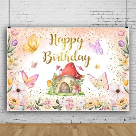 OFILA Happy Birthday Watercolor Mushroom Butterfly Fairy Backdrop 7x5FT Flower Kids Birthday Photography Backdrop Baby Shower Birthday Background Adult Kids Artistic Portrait Photo Studio Props