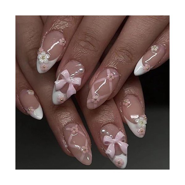 Künstliche Nägel, Mandelfarben, Nude, Rosa, Weiß, Glitzer, Schleife, Blume, mittellang,