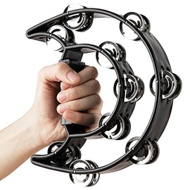 Hand Tambourine for Adults, Double Row Tambourines with Metal Jingles Held Percussion Musical Instrument for Church KTV, Party (Tamboruine Black)