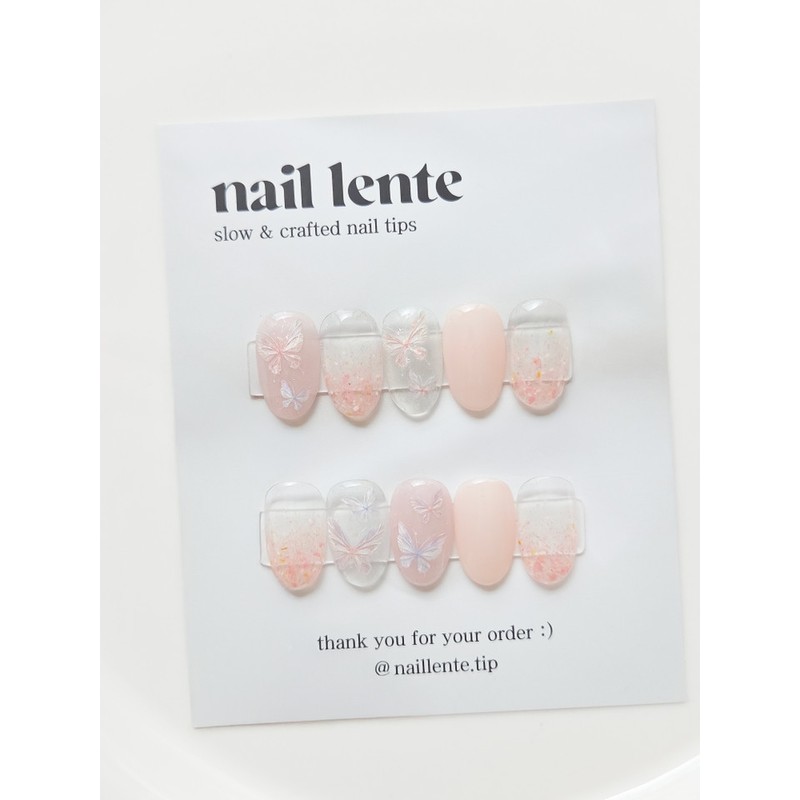 Butterfly nail glitter gradient handmade nail tip - Oval /