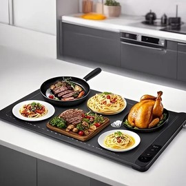 Food Warming Mat, Roll-Up Silicone Electric Tray, Fast Heating, 9 Temp Levels, Timer, Waterproof, Heat Insulating, Dishwasher-Safe, Buffet & Portable Warmer for Home, Travel & Parties (Grey Blue)