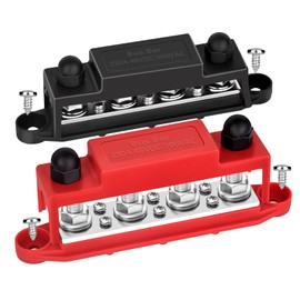 Bus Bar 12V 250A Power Distribution Block, 4 x 3/8" (M10) Terminal Studs Busbar for Battery, Solar, RV, Boat, Automotive - Positive & Negative (Pair, Red & Black)
