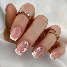 Short Square Press on Nails Ombre Pink Fake Nails Small White French Tip Nails Press ons Spring Summer Flower Stick on Nails Cute Artificial Nails Extra Short Glue on Nails for Women 24Pcs