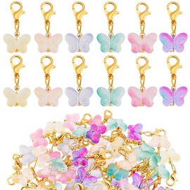 PH PandaHall 60pcs Glass Butterfly Dangle Charms, 6 Colors Clip-on Stitch Marker Charms Transparent Butterfly Pendant Charms with Lobster Clasps for Knitting DIY Earrings Necklace Jewelry