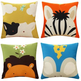 YunJeude Cushion Cover 17.7 x 17.7 inches (45 x 45 cm), Set of 4, Linen, Stylish, Nordic, Cute, Animal Pattern, Different Pattern, Flax, Natural, Modern, Simple, Zipper, Interior, Home Decoration,