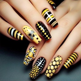Square Press on Nails Long Coffin Fake Nails with Designs Bee Glue on Nails Yellow Acrylic False Nails Glossy Artificial Nails Full Cover Stick on Nails for Coquette Women 24Pcs