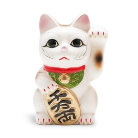 Seto-yaki Maneki Neko Piggy Bank, 6.3 inches, Hand-Painted Japanese Lucky Cat Figurine, Ceramic Money Bank for Home Decor, Fortune and Prosperity Talisman (White/Left Hand Up)