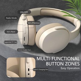 YiYunTE Headphones Wireless Bluetooth Over Ear Headphones Noise Cancelling On Ear Headphones Over Head Wired Headphones with Microphone Jack Foldable Headphone Beige Headset for Gaming Gym PC Laptop