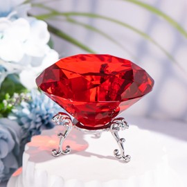 QIANCHANG 80mm Crystal Diamond Paperweight with Stand, Large Faceted Glass Gems Jewels for Home Party Decoration(Red)