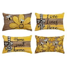 AVOIN colorlife Spring Home Sweet Home Bee Sunflower Throw Pillow Covers, 12 x 20 Inch Love Lives Here Summer Stripes Polka Dots Cushion Case for Sofa Couch Set of 4