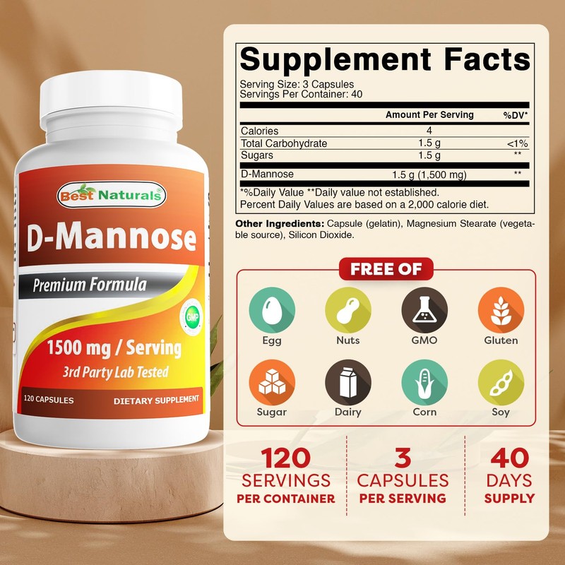 Best Naturals D-Mannose 1500 mg Per Serving 120 Capsules (Pack