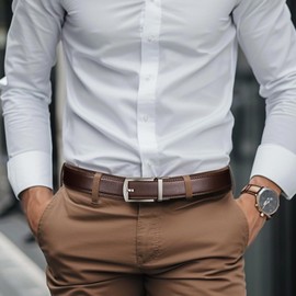 Alphyly Brown Leather Mens Belt for Dress and Golf, Length110cm