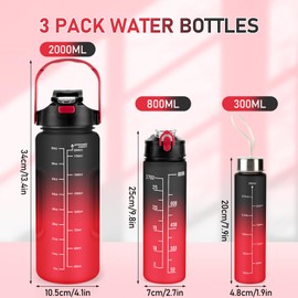 3 Pack Water Bottle BPA Free ,2L/800ML/300ML Sport Water Bottles with Straw & Brush,Motivational Time Markings, Leak-Proof, 2 Liters Gym Drinks Bottle for Adults Women, Running,Cycling -Black Red