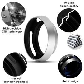 37mm Hollow Lens Hood,Fotover Universal Metal Hollow Vented Tilted Curved Lens Hood with Centre Pinch Lens Cap for Leica Canon Nikon Sony Pentax Olympus Fuji Camera + Microfiber Cleaning Cloth,Silver